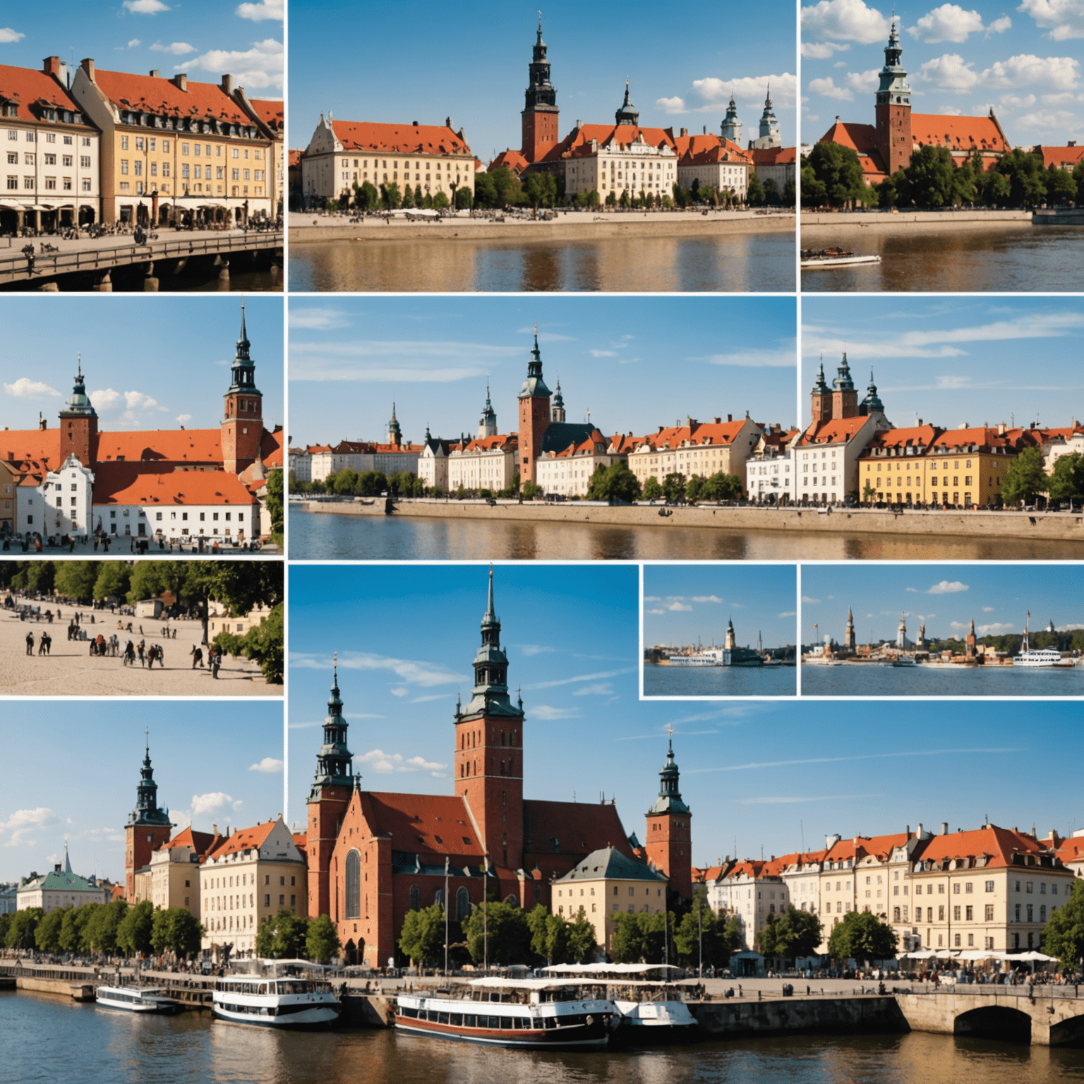 Kolaż zdjęć przedstawiający różnorodne polskie miasta, w tym panoramę Warszawy, Rynek w Krakowie i molo w Sopocie