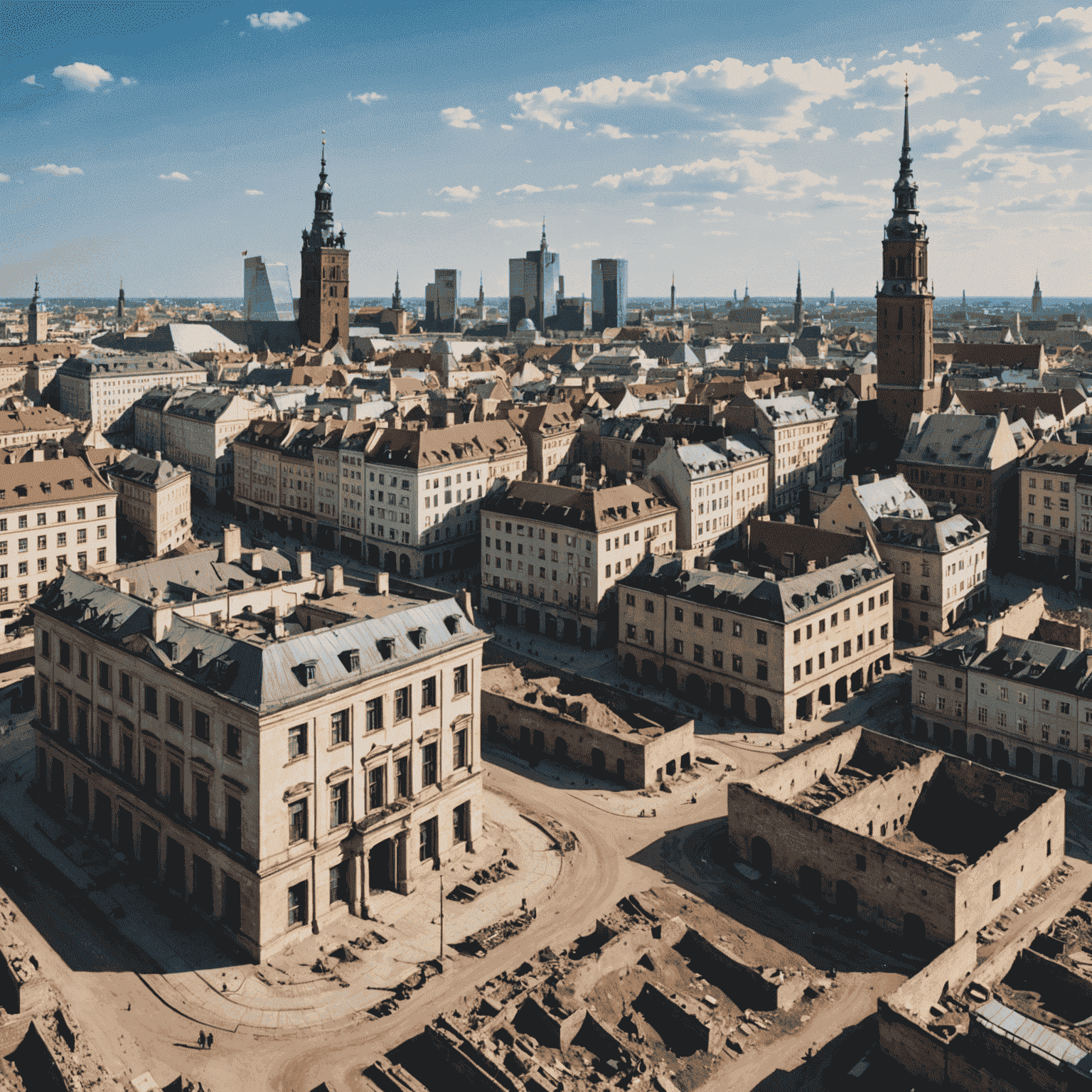 Panorama Warszawy pokazująca odbudowane budynki obok ruin, symbolizująca odrodzenie miasta po II wojnie światowej