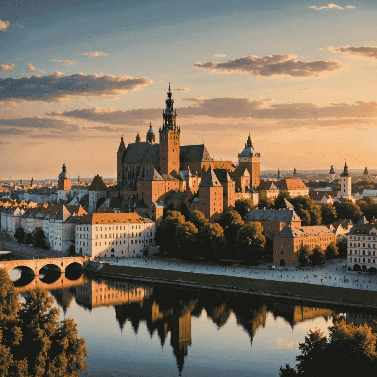 Panorama Krakowa z widokiem na Zamek Wawelski i Stare Miasto o zachodzie słońca, ukazująca majestatyczną architekturę średniowieczną