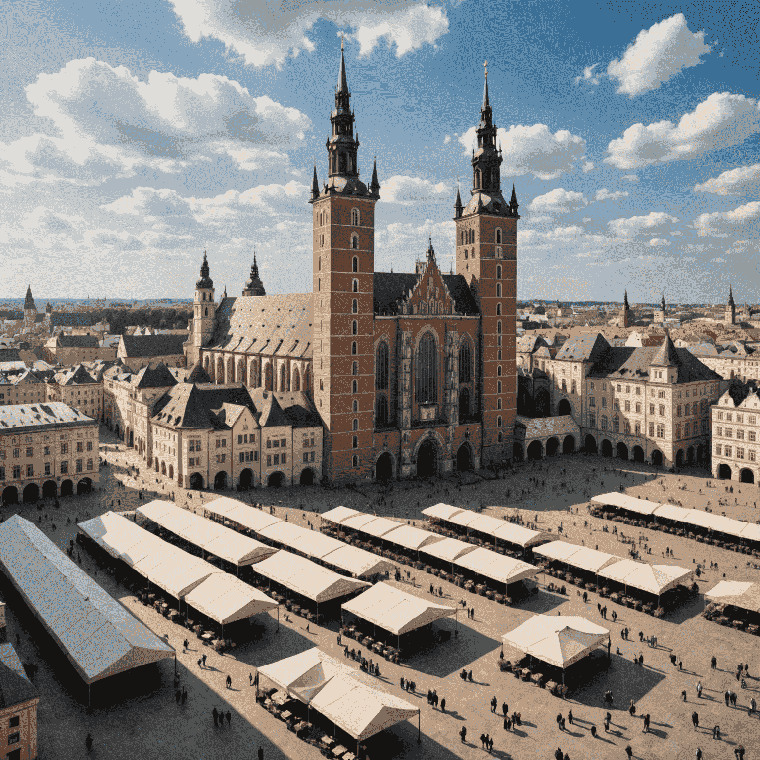 Widok na Rynek Główny w Krakowie z Sukiennicami i Kościołem Mariackim, ukazujący średniowieczną architekturę miasta