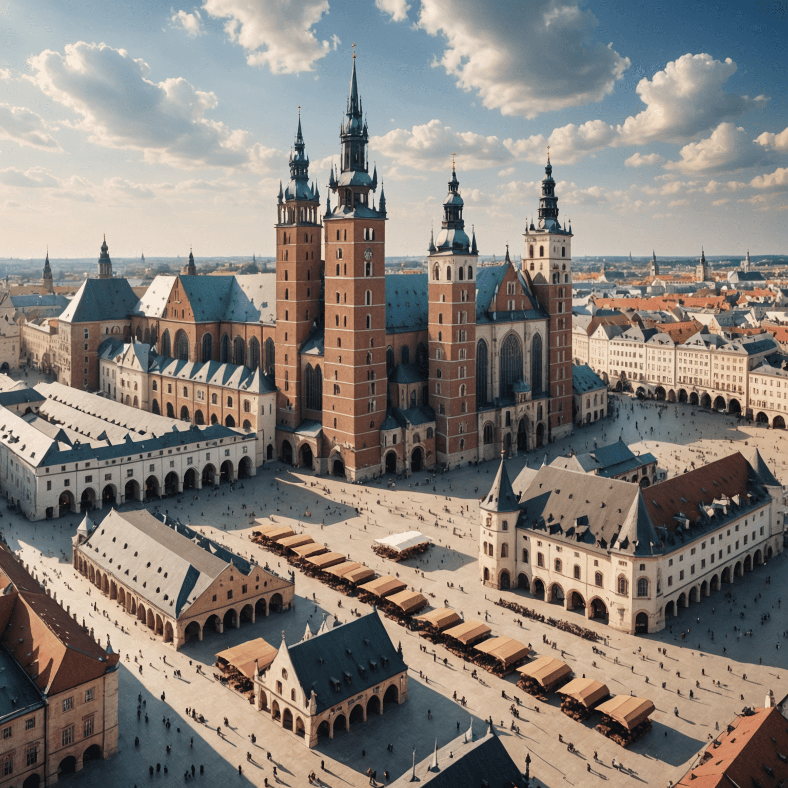 Widok na Rynek Główny w Krakowie z Sukiennicami i Kościołem Mariackim, ukazujący średniowieczną architekturę miasta