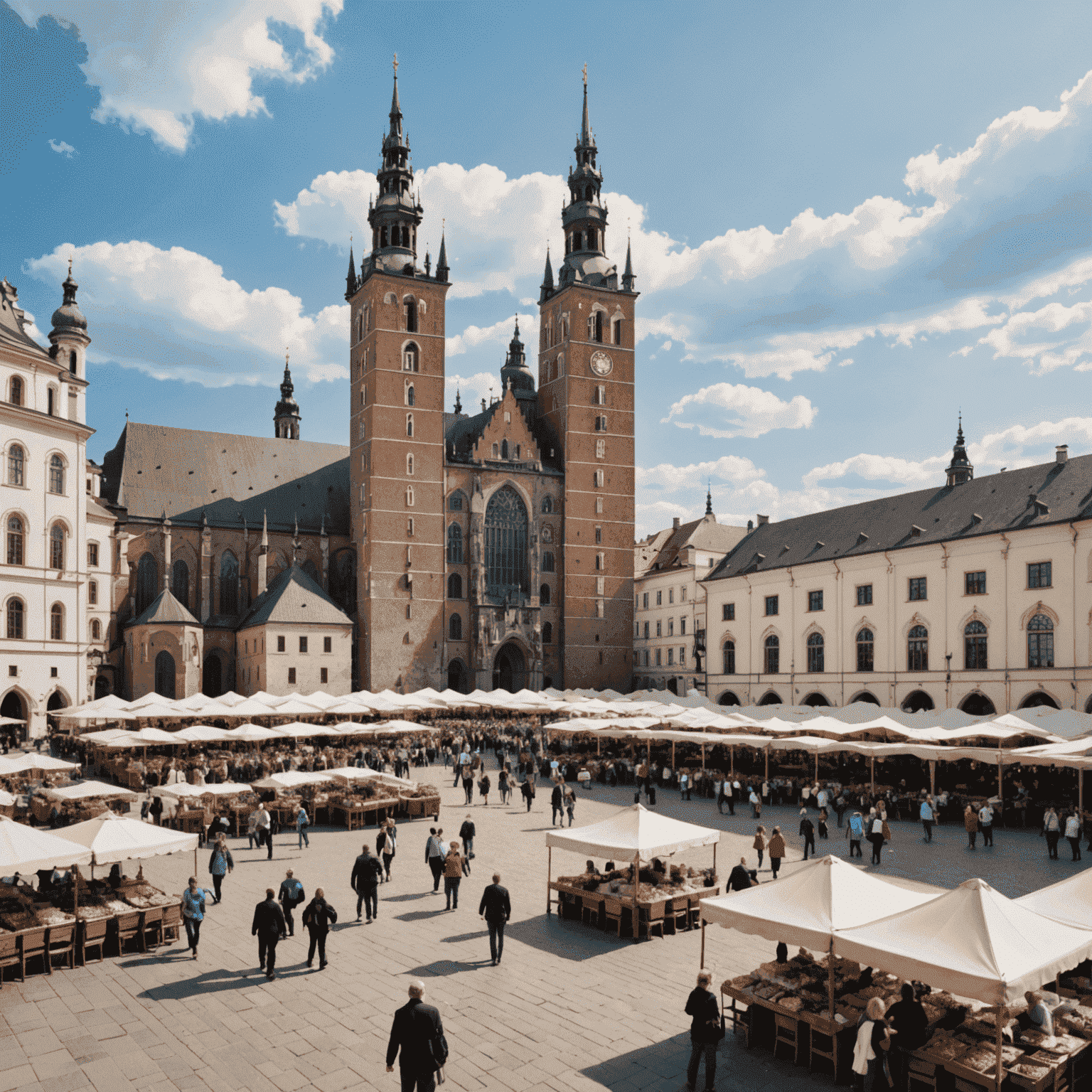 Rynek Główny w Krakowie z Sukiennicami i kościołem Mariackim, pełen turystów i straganów z pamiątkami