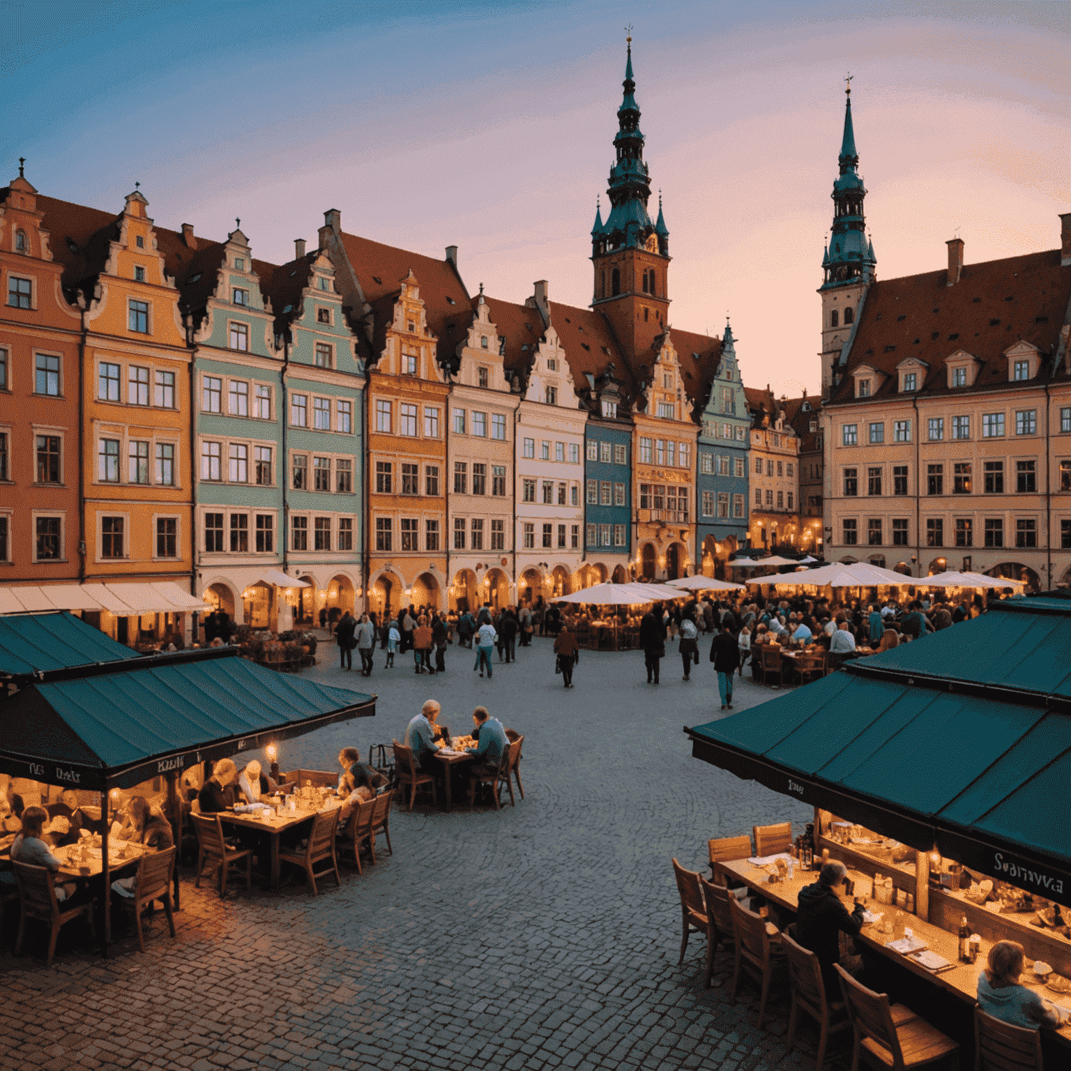 Kolorowe kamienice wrocławskiego Rynku o zmierzchu, z oświetlonym ratuszem w tle i tętniącymi życiem ogródkami restauracyjnymi na pierwszym planie