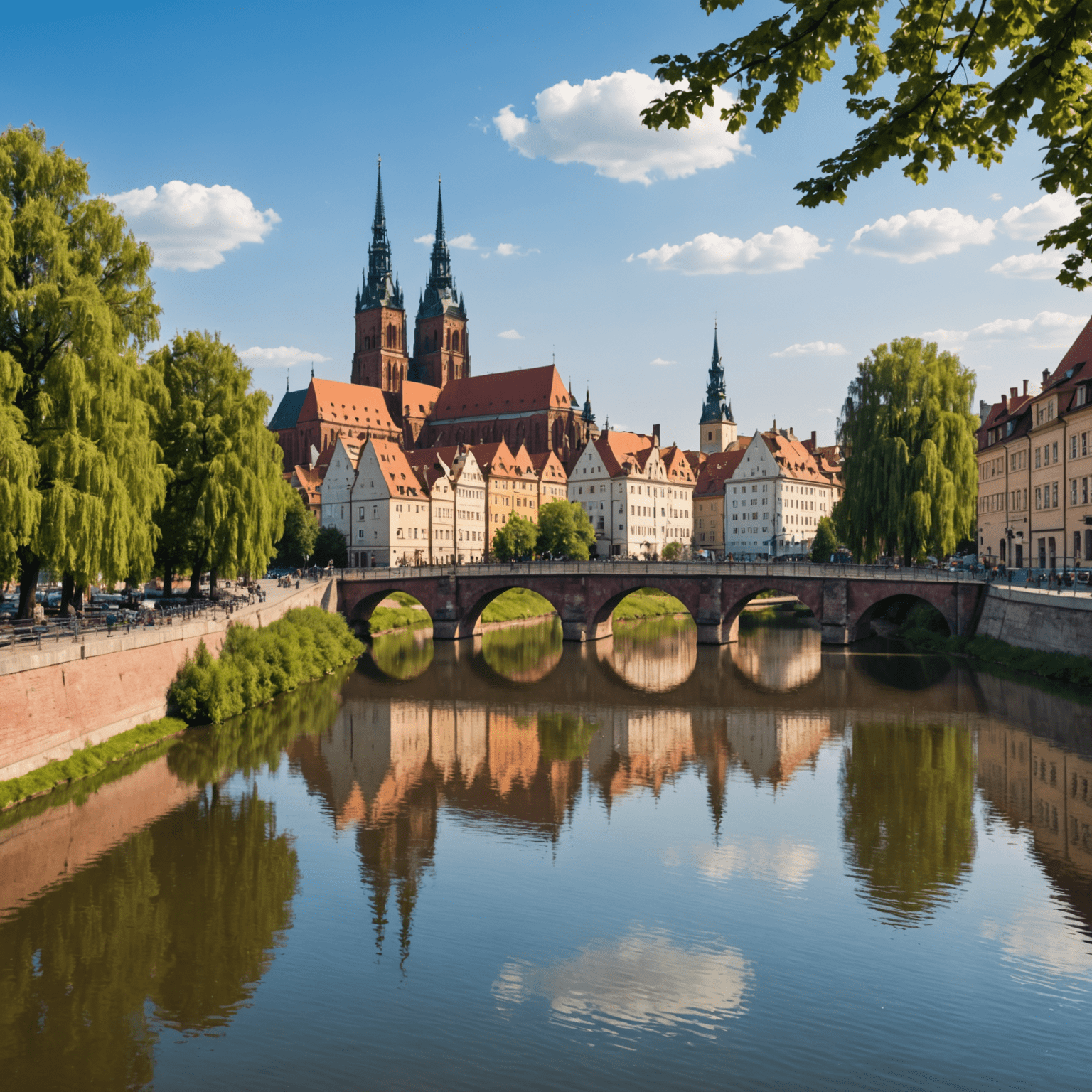 Widok na rzekę Odrę we Wrocławiu z licznymi mostami, Ostrowem Tumskim i kolorowymi kamienicami w tle