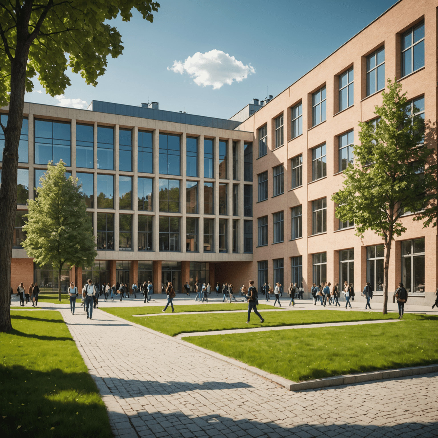 Kampus Uniwersytetu im. Adama Mickiewicza w Poznaniu, z nowoczesną biblioteką i studentami na zielonym dziedzińcu